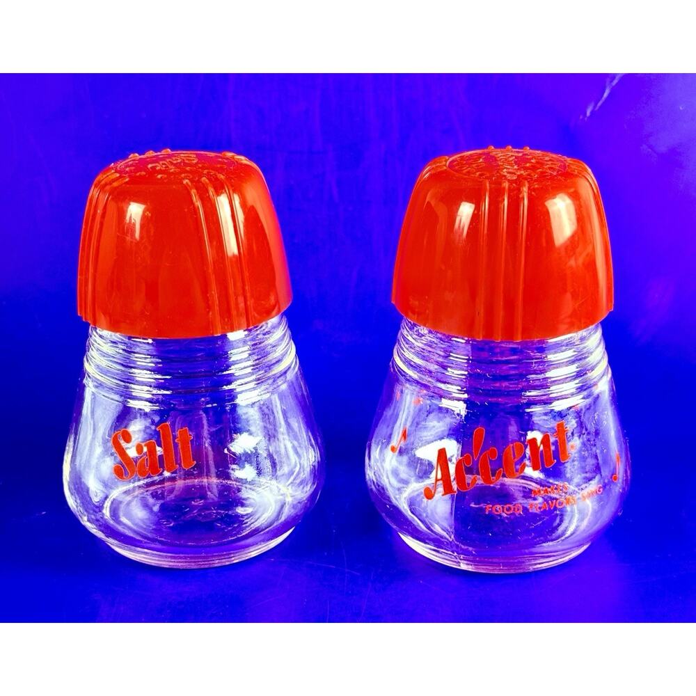 Vintage Amino 1950s Accent And Salt Shaker Set Large Glass Red Top Advertisement